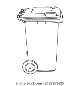 Outlined vector illustration of side view wheeled trash bin with lid.