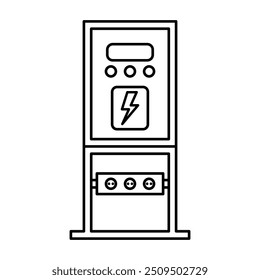 Outlined vector illustration of temporary electrical panel box installation with stands and plug outside.