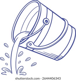 Outlined vector illustration of a tilted bucket pouring water with splash effect, ideal for cleaning, plumbing, household, and liquid flow concept designs in minimal line art style.