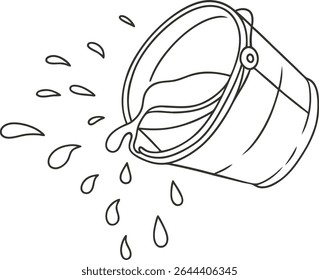 Outlined vector illustration of a tilted bucket pouring water with splash effect, ideal for cleaning, plumbing, household, and liquid flow concept designs in minimal line art style.