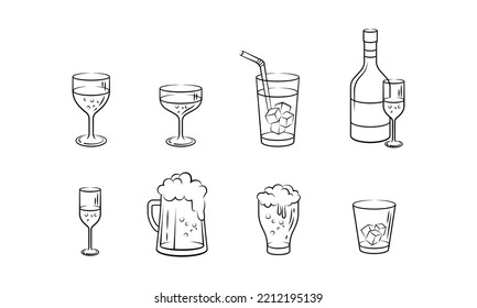 Outlined vector illustration of wine and drinking glasses. Suitable for design element of bar, restaurant, and bar icon. Champagne and beverage icon.