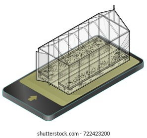 Outlined vector isometric greenhouse with glass walls in mobile phone, isometric. Horticultural conservatory and growing vegetables, flowers in communication technology. Isolated, white background.