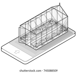 Outlined vector isometric greenhouse with glass walls in mobile phone, isometric. Horticultural conservatory and growing vegetables, flowers in communication technology. Isolated, white background.