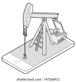 Outlined vector oil extraction pump in mobile phone in isometric perspective. Wire oil well industry production, oilfield equipment in communication technology. Isolated illustration, white background