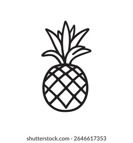 An outlined vector pineapple features a distinctive leaf crown and diamond patterned body, rendered in black against a contrasting white backdrop, perfect for minimalistic themes.