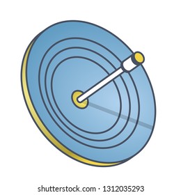 Outlined vector satellite dish, isometric perspective, white background. Blue yellow transmission aerial, telephone, television signals, TV receiver. Communication antenna sign, wireless technology