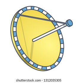 Outlined vector satellite dish, isometric perspective, white background. Blue yellow transmission aerial, telephone, television signals, TV receiver. Communication antenna sign, wireless technology