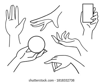 Outlined vector set. Female hands in different poses and shapes. Holding objects and no. Elegant, charming. Making magic moove. For advertising, packaging. Cosmetic and perfumery use.