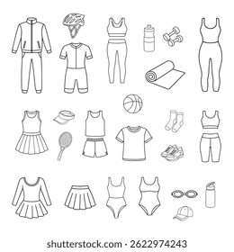 Outlined vector set of women sportswear, gear, shoes, and accessories for fitness and gym.