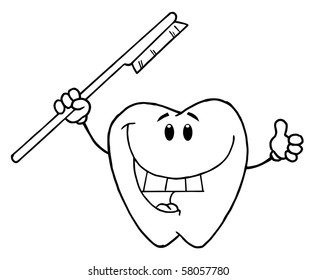 Outlined Vector Smiling Tooth With Toothbrush
