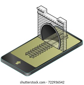 Outlined vector stone tunnel with railway in mobile phone, isometric perspective. Old stone gray circular tunnel in communication technology. Isolated railroad illustration, white background.