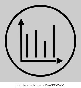 Ícone de gráfico de barras vertical com contorno em quadro circular.
