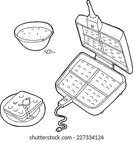 Outlined waffle iron with waffles and bowl of batter