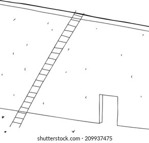 Outlined wall with long ladder and open doorway