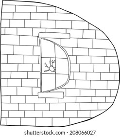 Outlined warehouse with broken window as letter D