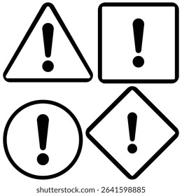 Outlined Warning Icon Set, Exclamation Mark Signs in Triangle, Square, Circle, and Diamond Shapes.