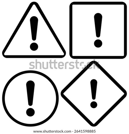 Outlined Warning Icon Set, Exclamation Mark Signs in Triangle, Square, Circle, and Diamond Shapes.