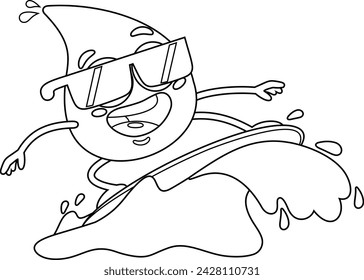 Outlined Water Drop Surfer Cartoon Character Riding A Wave. Vector Hand Drawn Illustration Isolated On Transparent Background