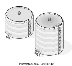 Outlined water reservoir. Water reservoir isometric building info graphic. Wire water supply resource. Pictogram industrial chemistry cleaner set. 