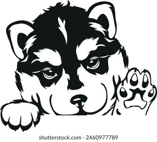 Outlined waving husky puppy. Vector. All parts of the drawing are welded into one solid object