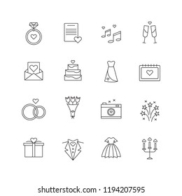 Outlined wedding icon set. Bouquet, Wedding Dress, Cake, Ring with Diamond, Camera, Gift, Champagne, Marriage, Love Letter. Vector illustration for web pages.