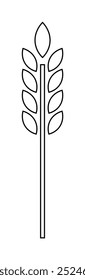 An outlined wheat ear features vertical symmetry with curving leaves along the stalk. Ideal for agriculture, farming, organic produce, eco-friendly design, harvest. Minimalist line art style.