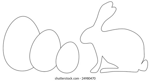 outlined white bunny and outlined white eggs in different sizes on a white background. Designed for content to be added