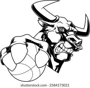 Outlined Wild Bull Clutching Basketball With Fierce Expression Sports Mascot Logo Design. Vector Hand Drawn Illustration Isolated On Transparent Background