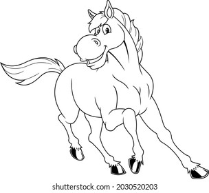 Outlined Wild Horse Cartoon Mascot Character Running. Vector Hand Drawn Illustration Isolated On Transparent Background