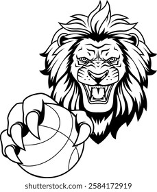 Outlined Wild Lion Clutching Basketball With Fierce Expression Sports Mascot Logo Design. Vector Hand Drawn Illustration Isolated On Transparent Background