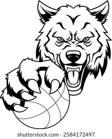 Outlined Wild Wolf Clawing Basketball Sports Mascot Logo Design. Vector Hand Drawn Illustration Isolated On Transparent Background