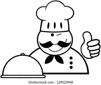 Outlined Winked Chef Logo With Platter Showing Thumbs Up