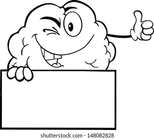 Outlined Winking Brain Character Holding A Thumb Up Over Sign