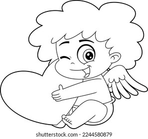 Outlined Winking Cupid Baby Cartoon Character Holding Heart. Vector Hand Drawn Illustration Isolated On Transparent Background