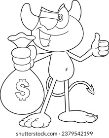 Outlined Winking Little Devil Cartoon Character Holding A Money Bag and Giving The Thumbs Up. Vector Hand Drawn Illustration Isolated On Transparent Background