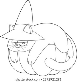 Outlined Witch Black Cat Cartoon Character Sitting On Pumpkin. Vector Hand Drawn Illustration Isolated On Transparent Background