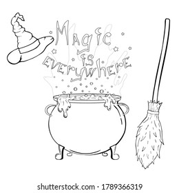 Outlined witch equipment. Vector cauldron with potion illustration in doodle style. magic is everywhere coloring book page. 