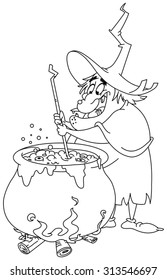 Outlined witch preparing a potion. Vector illustration coloring page.