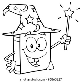 Outlined Wizard Book Cartoon Character Holding A Magic Wand. Jpeg version also available in gallery.