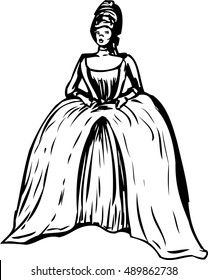 Outlined woman in round court dress with open bodice and stomacher