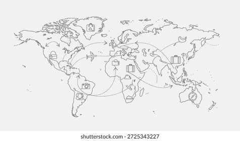 An outlined world map featuring icons of travel destinations and routes, symbolizing global connections and journeys. Represents concepts like international travel, tourism, exploration, and the