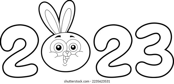 Outlined Year Year Of The Rabbit Zodiac With Funny Bunnie Head Cartoon Characters And Numbers. Vector Hand Drawn Illustration Isolated On Transparent Background