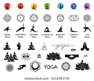 Outlined yoga poses, asanas, chakra icons, mudra gestures, and lotus flower symbols in a vector set - ideal for wellness designs, spiritual projects, or educational materials on meditation.