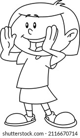 Outlined young girl calling someone circling her hands around her mouth, Vector line art illustration coloring page.