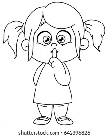 Outlined young girl with finger on lips making the silence sign. Vector line art illustration coloring page.