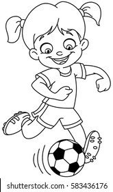 Outlined young girl playing soccer. Vector line art illustration coloring page.