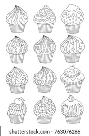 Outlined zentangle anti-stress coloring page cakes set. Coloring book page for adults and children