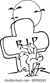 Outlined Zombie Hand Reaching Up From The Earth In Front Of A Tombstone