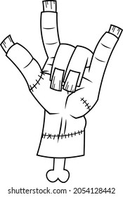 Outlined Zombie Hand Showing Rock N Roll Gesture. Cartoon Vector Hand Drawn Illustration Isolated On White Background