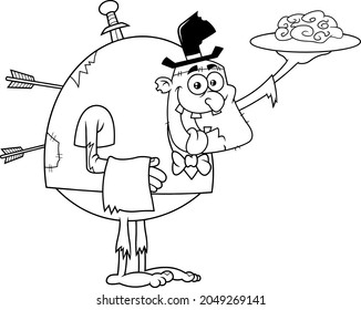 Outlined Zombie Monster Waiter Cartoon Character Serving A Tray Of Brain. Vector Hand Drawn Illustration Isolated On Transparent Background